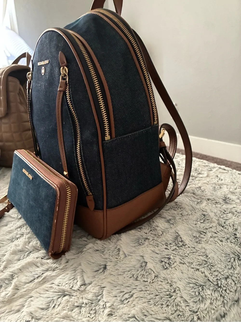 Michael Kors Denim and Brown Leather Backpack & Wallet Set